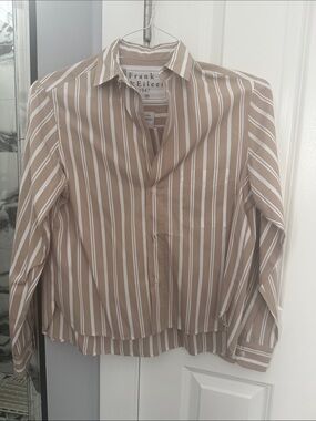 Frank & Eileen Tan and White Vertical Stripe Button-Up Blouse
